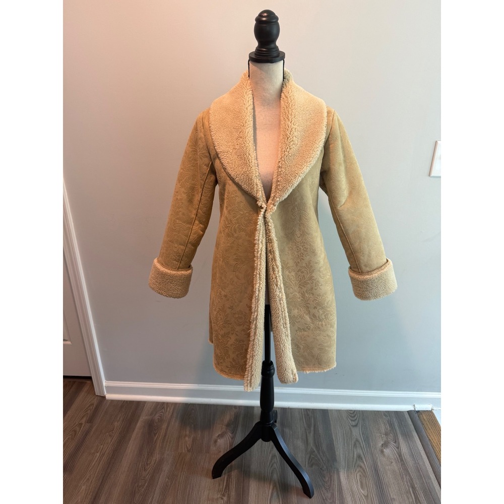 Soft Surroundings Faux Shearling Damask Embossed Coat Tan size Petite Small
